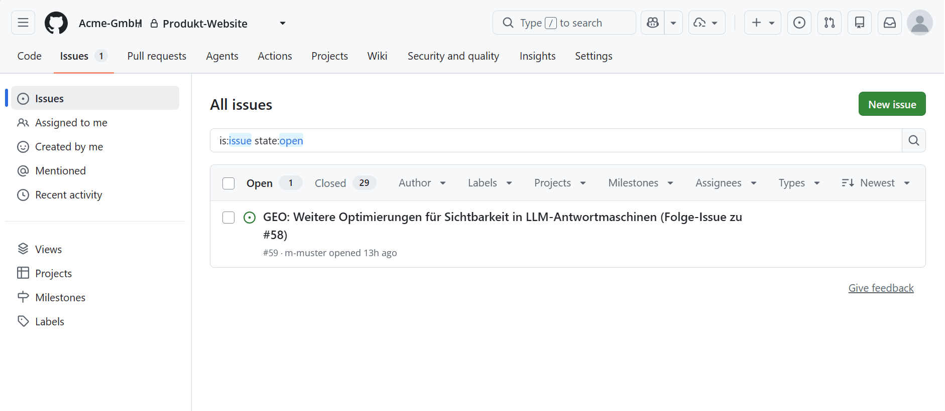 Issue-Übersicht eines Repositorys auf GitHub