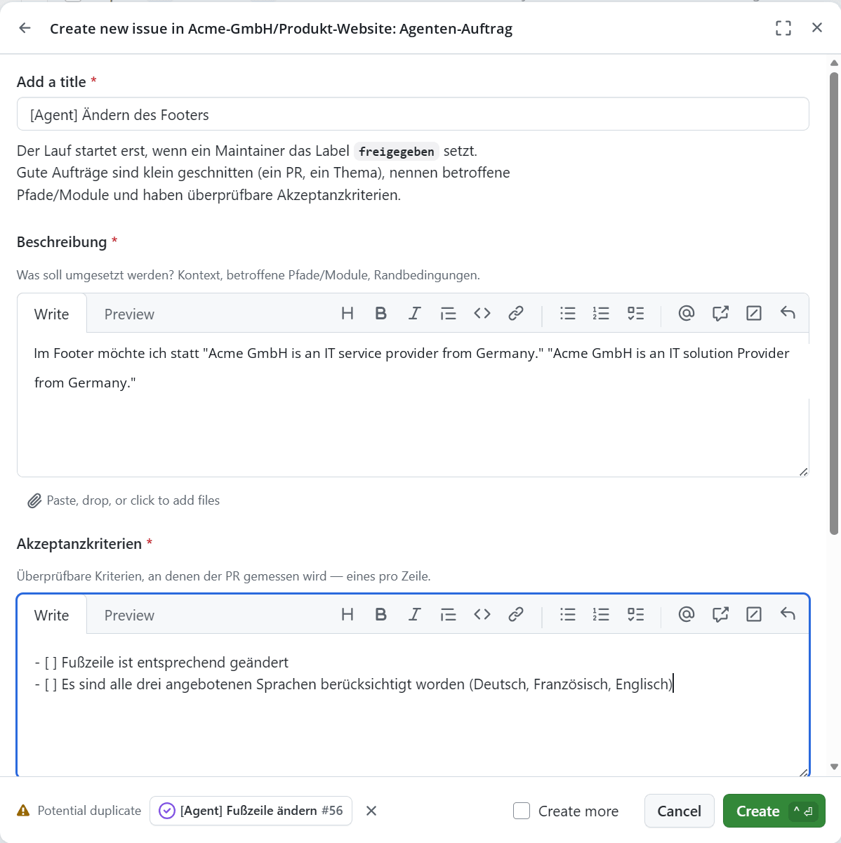 Ausgefülltes Formular mit Beschreibung und Akzeptanzkriterien