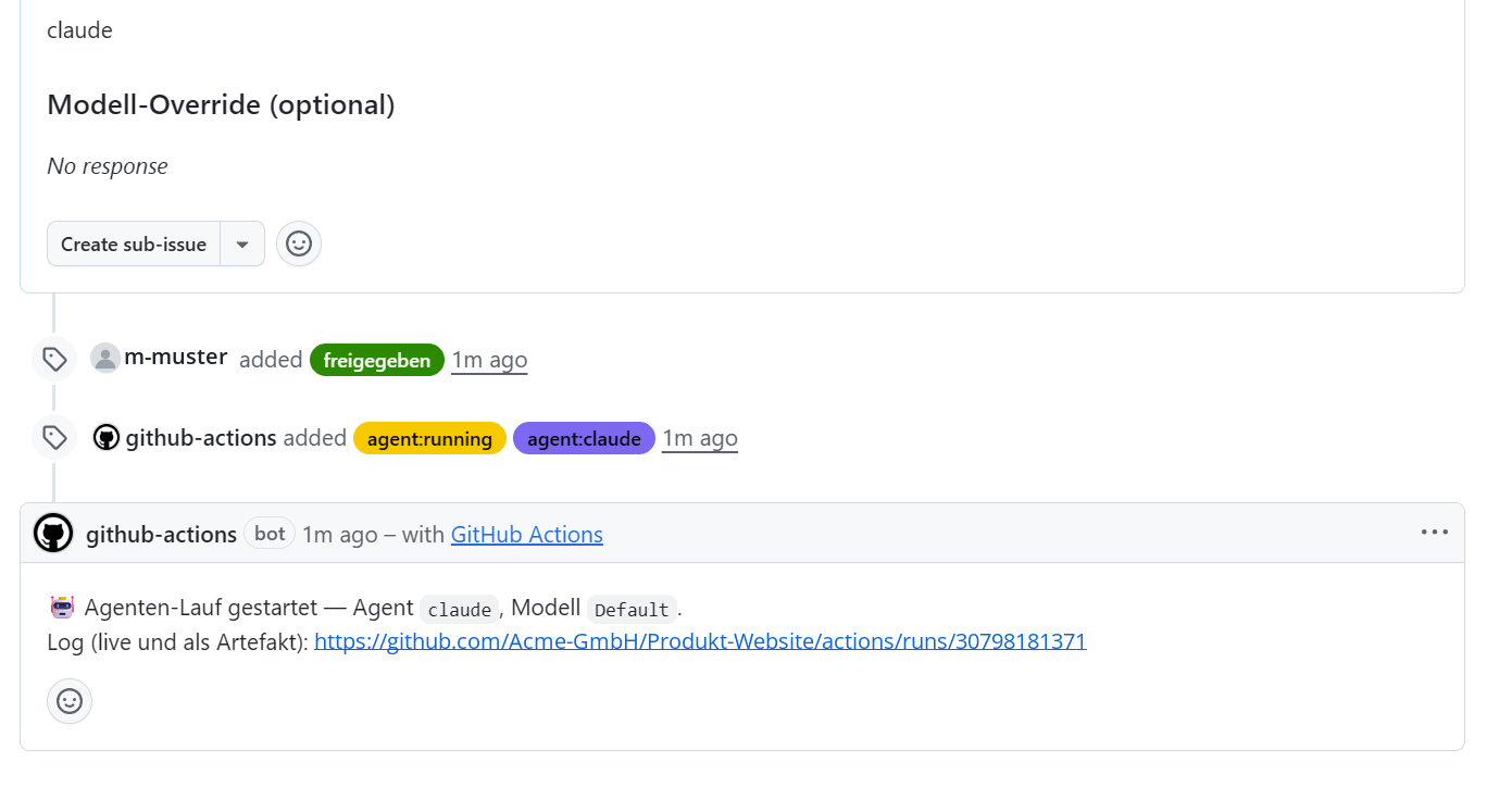 Bot-Kommentar zum Start des Agenten-Laufs mit Link auf das Log