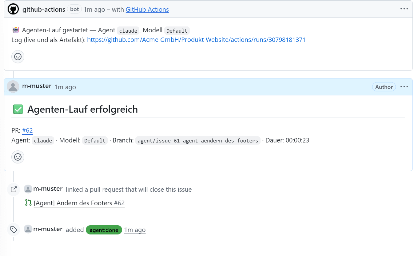 Erfolgsmeldung des Laufs mit verlinktem Pull Request
