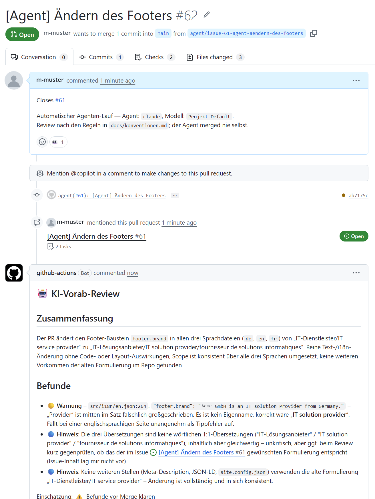 Pull Request mit dem Kommentar des KI-Vorab-Reviews