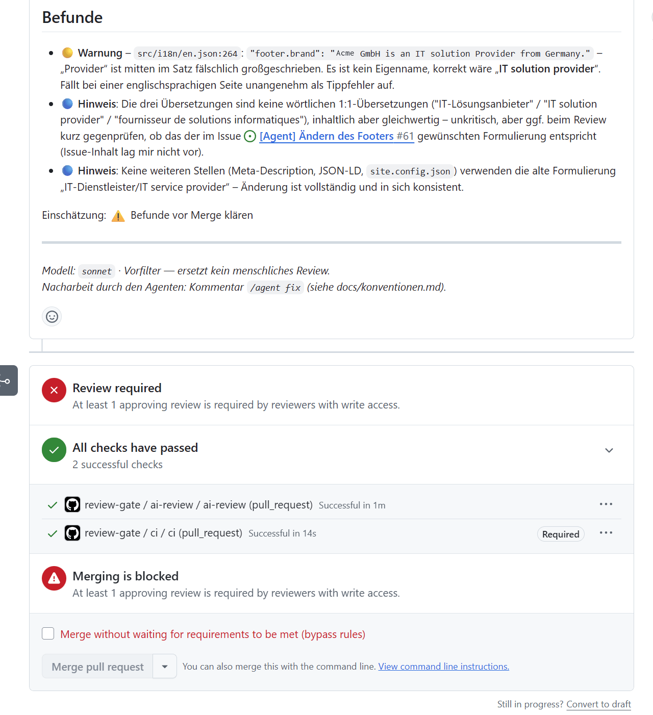 Merge blockiert: Review erforderlich, Checks bestanden