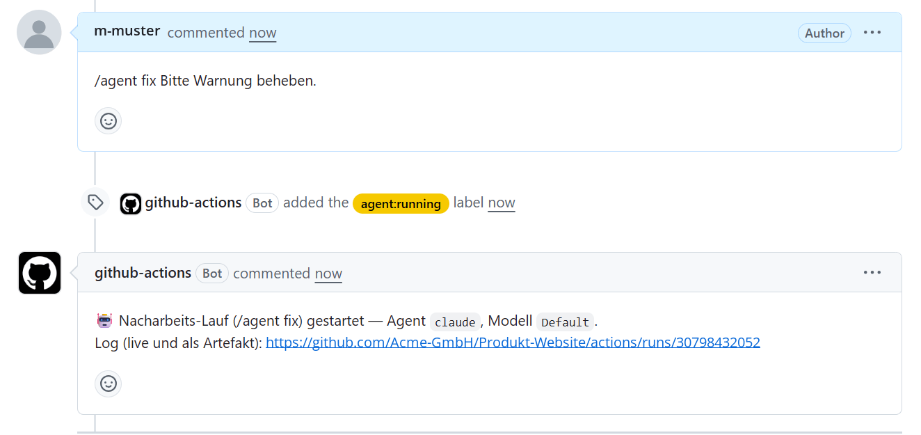Bot-Kommentar zum Start des Nacharbeits-Laufs