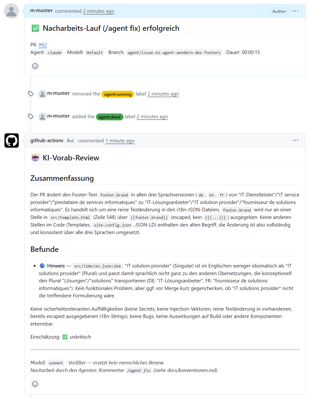 Nacharbeits-Lauf erfolgreich, zweites KI-Review mit der Einschätzung „unkritisch“