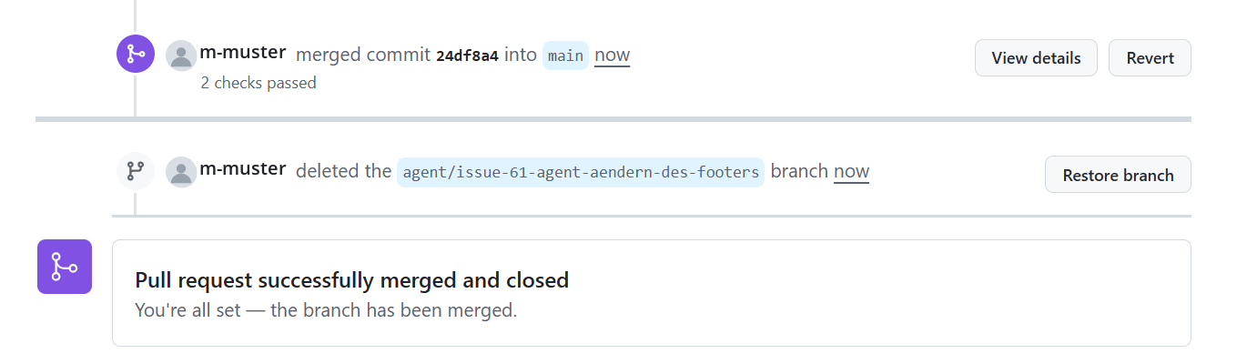 Merge auf main, Branch gelöscht, Pull Request geschlossen